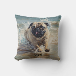 Cojín Decorativo Pug Feliz en la Playa personalizable