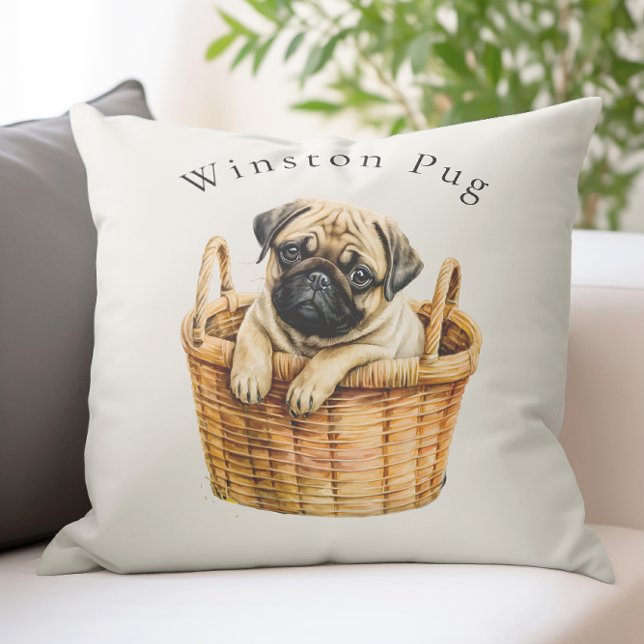 Cojín Decorativo pug mascota moderno y personalizado (cute personalized  modern pug dog throw cushion with custom name space , ideal for any pug lover
)