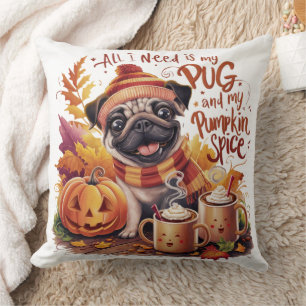 Cojín Decorativo Pug y especias de calabaza Lindo 