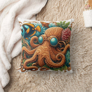 Cojín Decorativo Pulpo Colorido Entre Arrecife de Coral y Peces