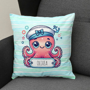 Cojín Decorativo Pulpo Rosa Alegre Sosteniendo Letrero de Nombre