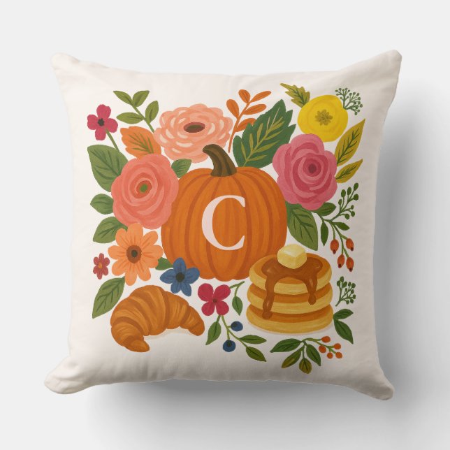 Cojín Decorativo Pumpkin Floral Monogram Throw Pillow (Anverso)