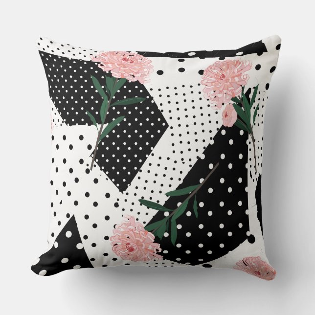 Cojín Decorativo Puntos abstractos modernos y flores rosas (Anverso)