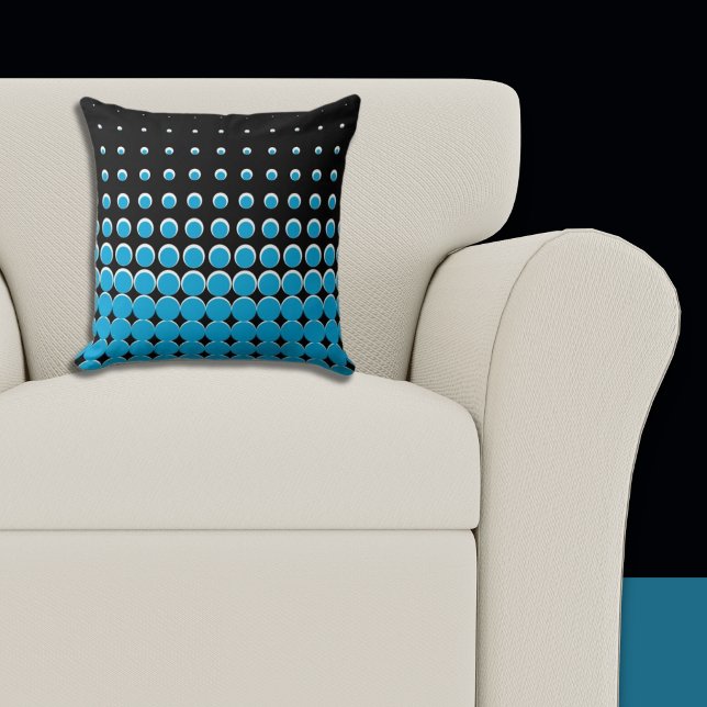 Cojín Decorativo Puntos ascendentes modernos en negro y azul (Pillow, Black and Blue Halftone Pattern)