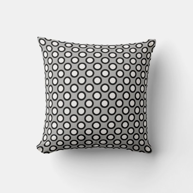 Cojín Decorativo Puntos circundados retros, gris, blanco y negro (Anverso)