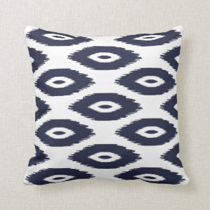 Cojín Decorativo Puntos de Ikat Tribal Azul y Blanco de la Marina