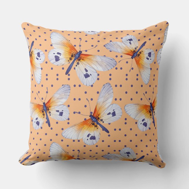 Cojín Decorativo Puntos De Polka Azul Y Mariposas (Anverso)