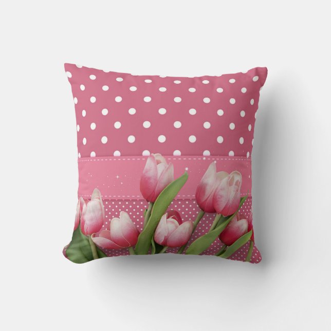 Cojín Decorativo puntos de polka rosada con tulipanes rosados Bonit (Anverso)