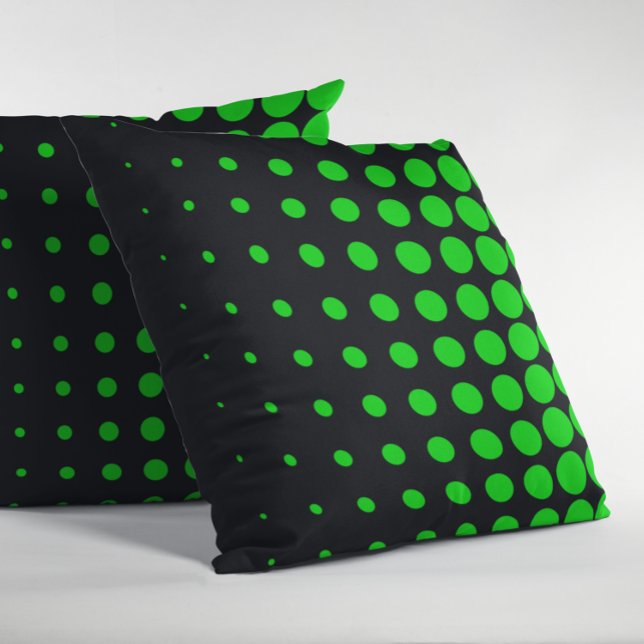 Cojín Decorativo Puntos progresistas verdes negros y limosos (Black and Green Half Tone Dots Pillow)