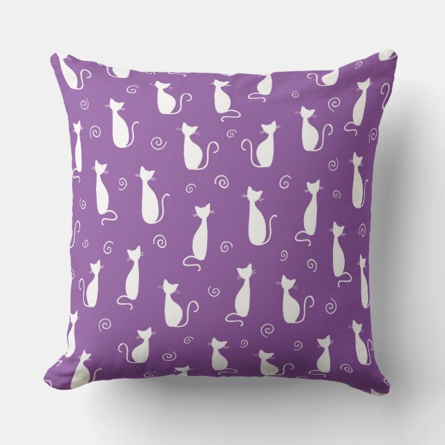 COJÍN DECORATIVO PURPLE CON SILHOUETTES DE GATO BLANCO (Anverso)
