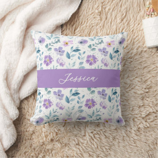 Cojín Decorativo Purple Green Watercolor Wildflower Monogram Name