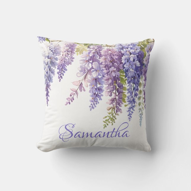 Cojín Decorativo Púrpura acuarela floral lavanda lilac wisteria (Anverso)