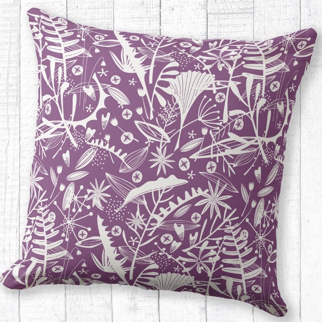 Cojín Decorativo Púrpura Botánico Floral (Botanical silhouette pattern purple throw pillow)