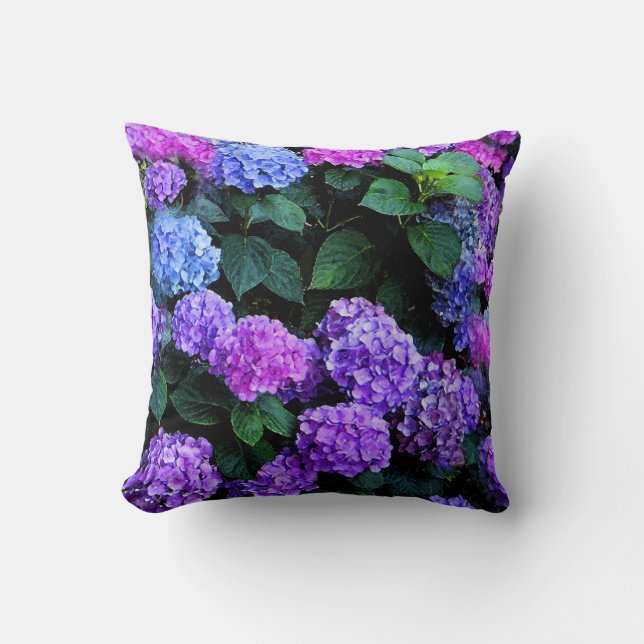 Cojín Decorativo Púrpura de la acuarela de los Hydrangeas (Anverso)