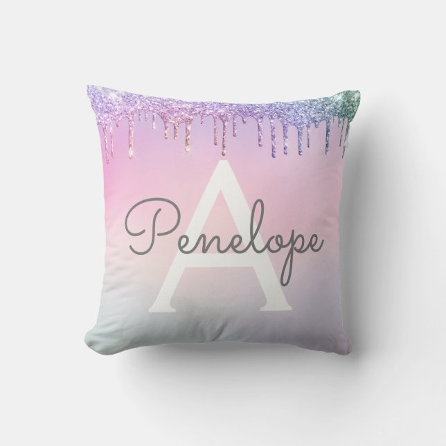 Cojín Decorativo Purpurina Arcoiris Lluvia Con Monograma (Anverso)