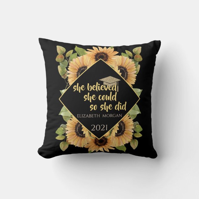 Cojín Decorativo Purpurina de girasoles Graduado Cap Beeat (Anverso)