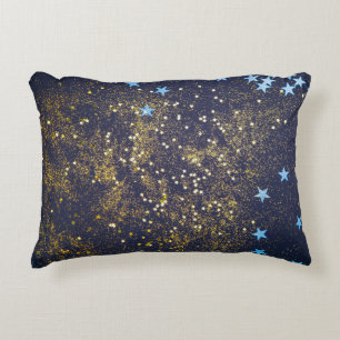 Cojín Decorativo Purpurina de oro y estrellas azules brillantes en 