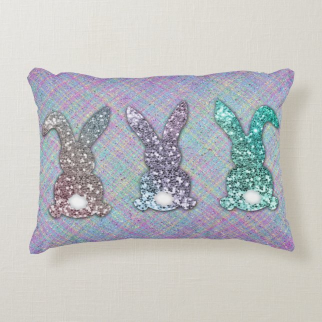 Cojín Decorativo Purpurina De Pascua Pastel Glam Bunnies En Plaid (Anverso)