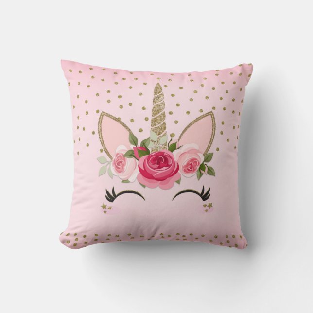 Cojín Decorativo Purpurina dorado y unicornio floral rosa (Anverso)