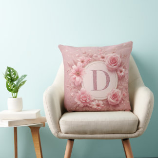 Cojín Decorativo Purpurina Floral Rosa Monograma Pilar
