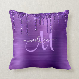 Cojín Decorativo Purpurina Girly Purple Dripping Brush Monograma Me