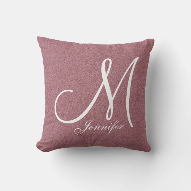 Cojín Decorativo purpurina metálico Rosa Monograma blanco (Anverso)