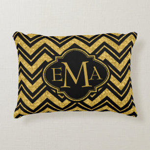 Cojín Decorativo Purpurina Monogramado Black Chevron & Gold