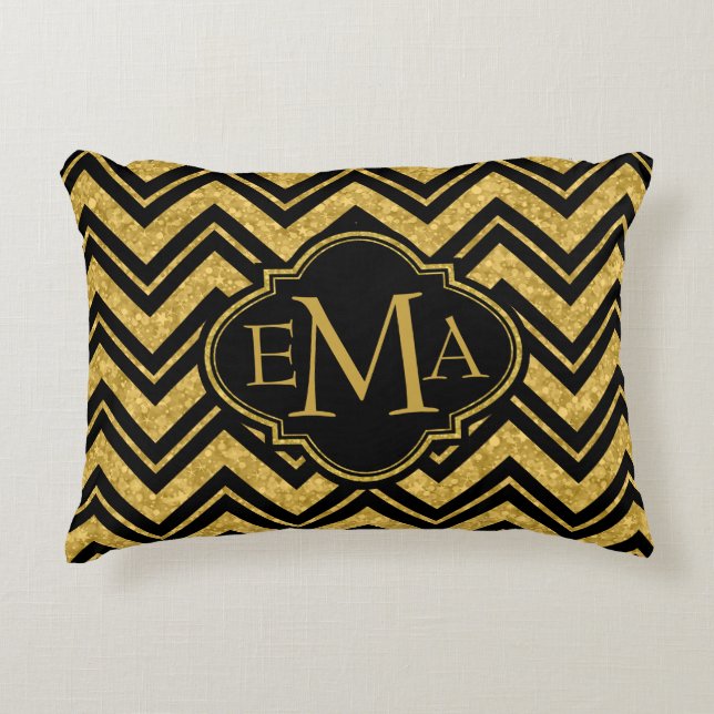 Cojín Decorativo Purpurina Monogramado Black Chevron & Gold (Anverso)