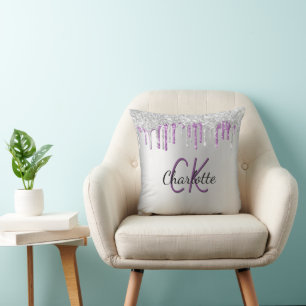 Cojín Decorativo Purpurina morado plateado gotea nombre de monogram