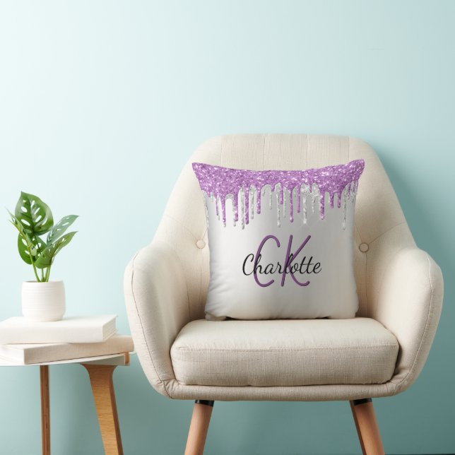 Cojín Decorativo Purpurina morado plateado gotea nombre de monogram (Silla)