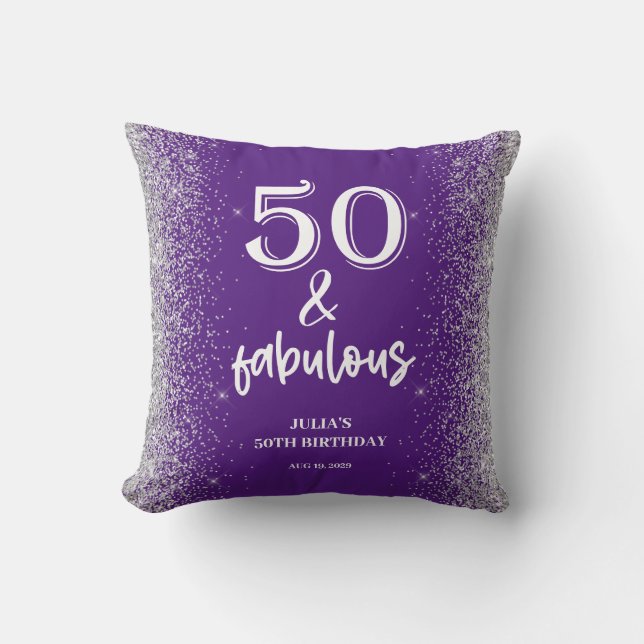 Cojín Decorativo Purpurina Plata Morado 50 cumpleaños (Anverso)