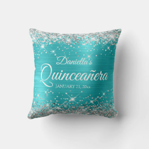Cojín Decorativo Purpurina plateado Turquoise Blue Quinceañera