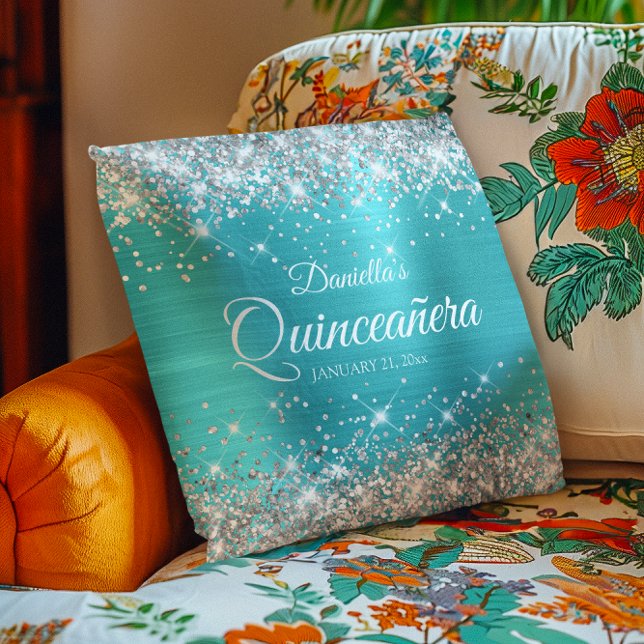 Cojín Decorativo Purpurina plateado Turquoise Blue Quinceañera (Silver Glitter Turquoise Blue Quinceañera Throw Pillow)