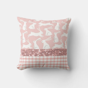 Cojín Decorativo Purpurina Rosa Gingham Plaid Rabbits