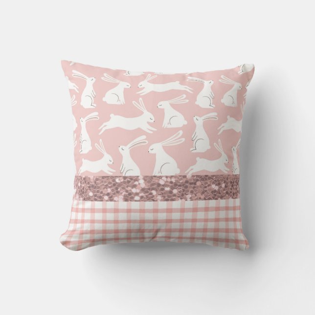 Cojín Decorativo Purpurina Rosa Gingham Plaid Rabbits (Anverso)