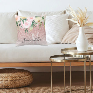 Cojín Decorativo Purpurina rosa moderno y flores esparcen con nombr