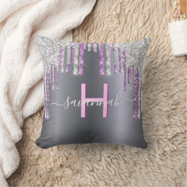 Cojín Decorativo Purpurina rosa plateado nombre del guión de chispa