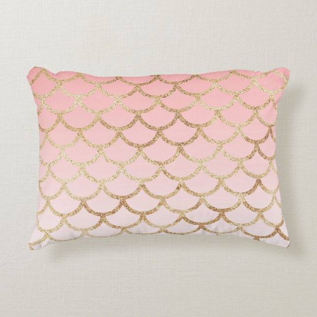 Cojín Decorativo Purpurina rosa y dorado Escala de sirenas Ombre (Anverso)