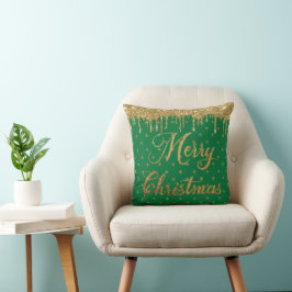 Cojín Decorativo Purpurina verde y dorado - feliz navidad