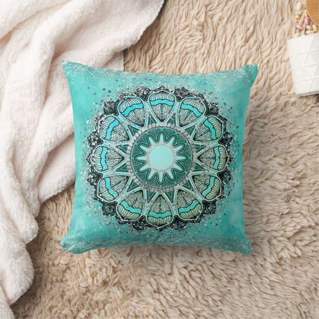 Cojín Decorativo Purpurinoso caprichoso Lotus Mandala en Verde azul (Manta)