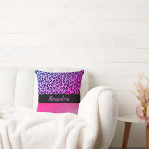 Cojín Decorativo Purpurinoso de Leopardo Rosado Caliente Personaliz