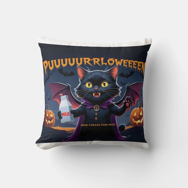 Cojín Decorativo Puurrrlloween – Gato Vampiro Halloween Divertido (Anverso)