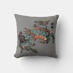 Cojín Decorativo Qilin chino vintage sobre gris medio