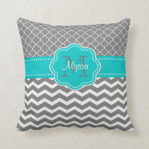 Cojín Decorativo Quatrefoil azul gris Chevron personalizado