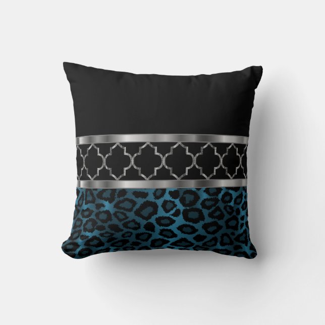 Cojín Decorativo Quatrefoil azul, negro y plateado y leopardo (Anverso)