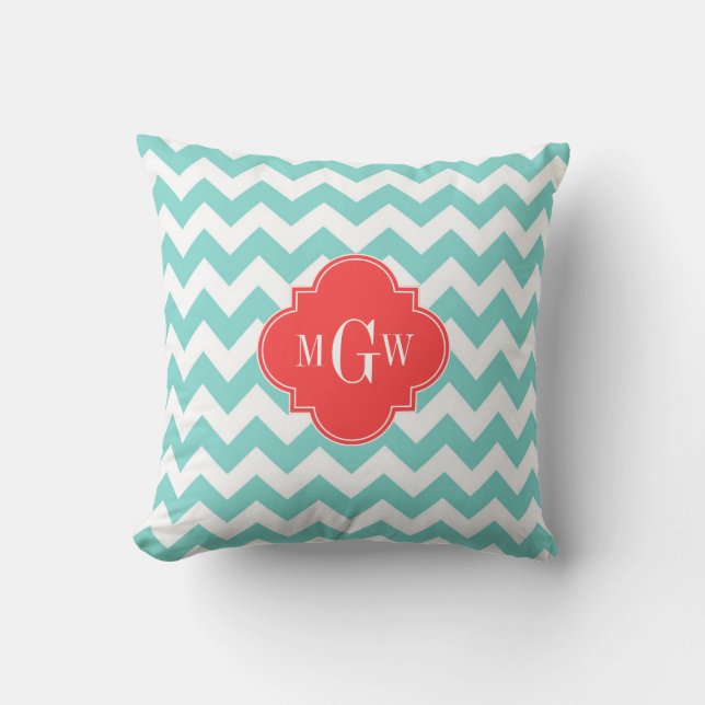 Cojín Decorativo Quatrefoil rojo de chevron blanco Aqua 3 Monograma (Anverso)
