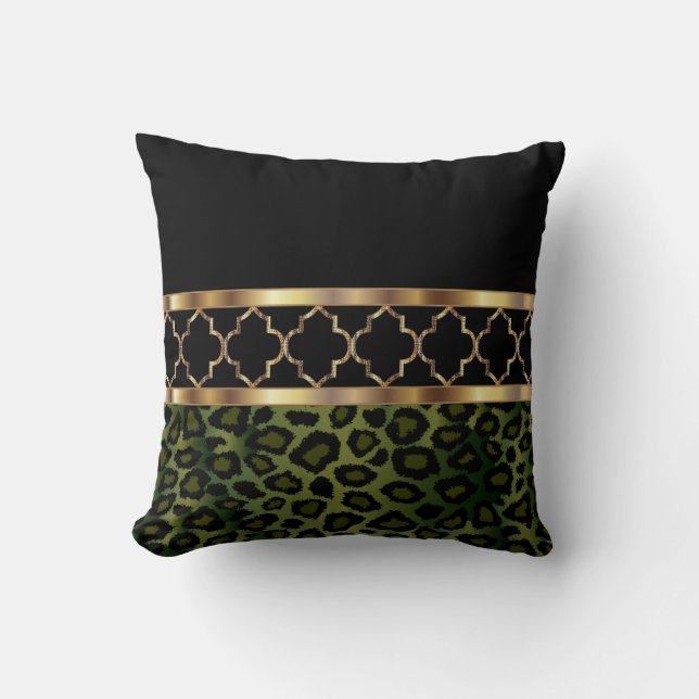 Cojín Decorativo Quatrefoil y Leopardo de Olive Green, Black & Gold (Anverso)