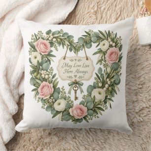 Cojín Decorativo Que el amor viva aquí siempre Corona floral en for