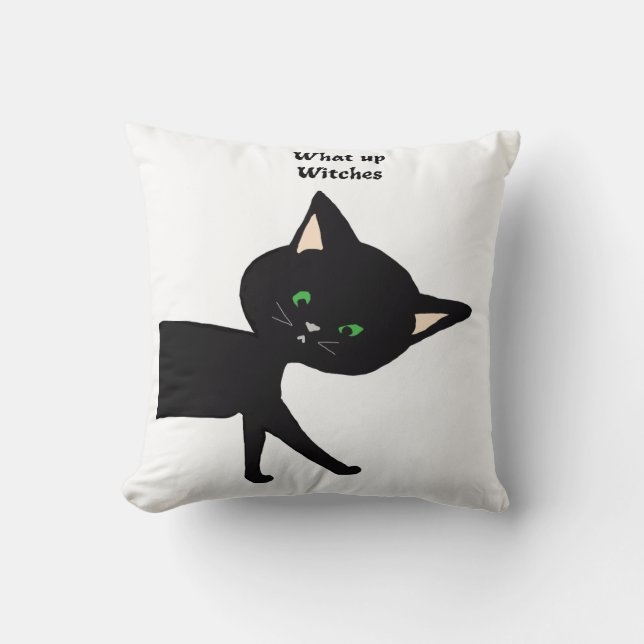 Cojín Decorativo ¡Qué Muñecas! Gracioso gato negro con ojos verdes (Anverso)