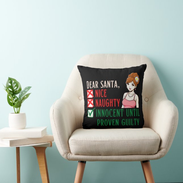 COJÍN DECORATIVO QUERIDA SANTA, INOCENTE HASTA DEMOSTRAR CULPABLE (Silla)